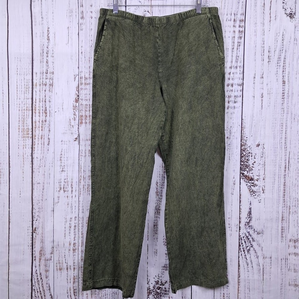 Vtg BFOFO DESIGNS M Linen‎ Rayon Pants Dark Green Elastic Waist Wide Leg Boho